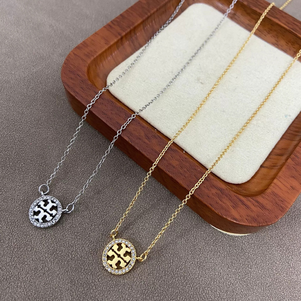 Tory Burch Rhinestone Hollow Round Letter Metal Necklace